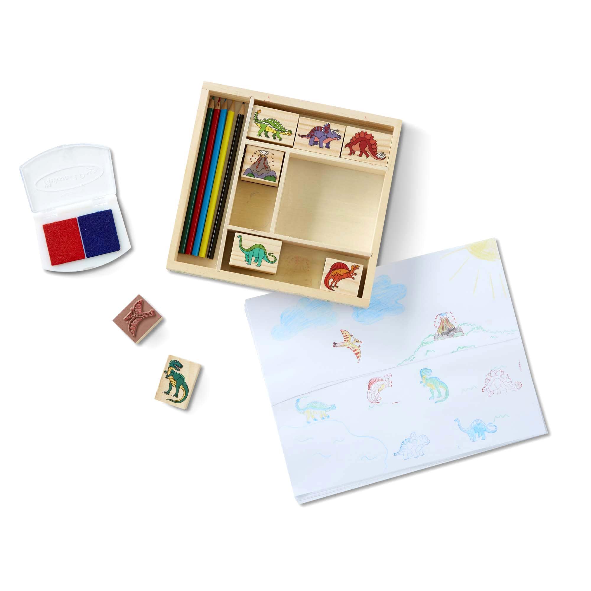 Melissa & Doug Wooden Stamp Set: Dinosaurs - 8 Stamps, 5 Colored Pencils, 2-Color Stamp Pad - FSC Certified