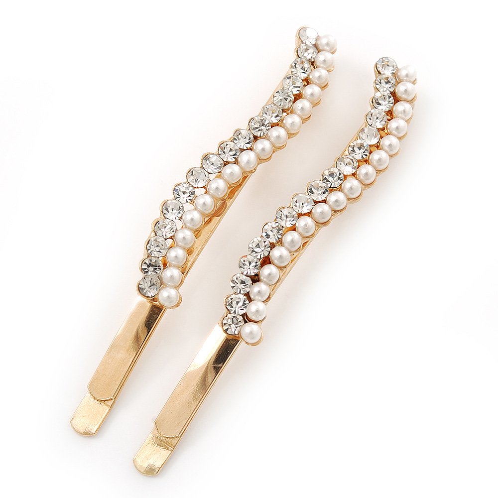 2 Bridal/Prom Crystal, Simulated Pearl Wavy Hair Grips/Slides In Gold Plating - 60mm Across