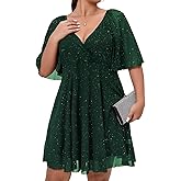 Plus Size Cap Sleeves Long Sleeves V Neck Sequins Skater Cocktail Club Dress