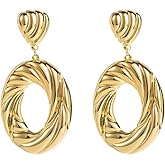 Chunky Gold Statement Earrings 14K Golden Plated Earring Geometric Pleated Drop Earrings Irregular Oval Dangle Earrings Fashion Jewelry Accessary for Women