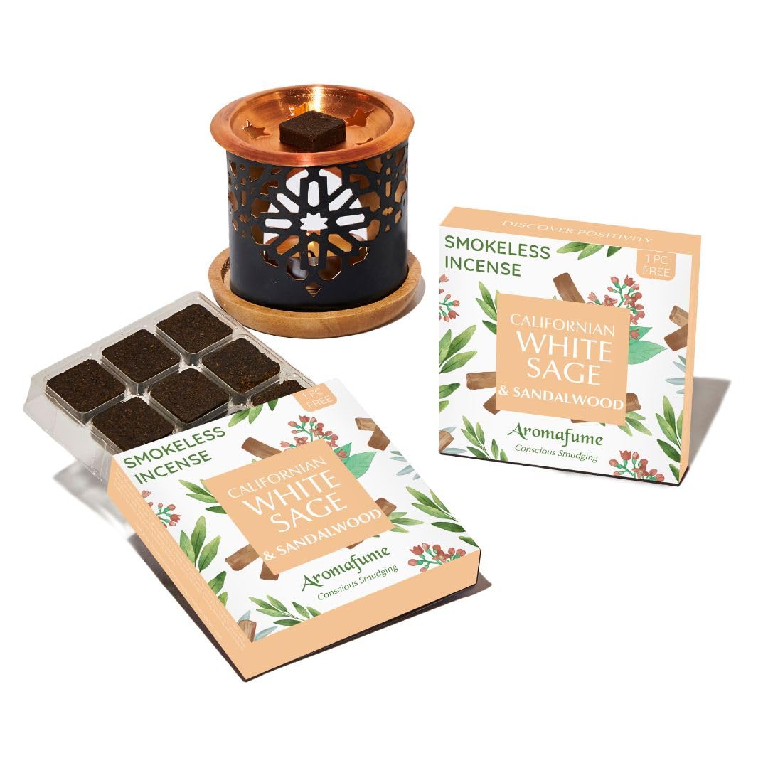 White Sage & Sandalwood Incense Bricks with Oriental Burner by Aromafume | 2x9 Bricks | Sage Incense for Cleansing Negative Energy & Protection | Sage for Smokeless Smudging, Spiritual Cleansing