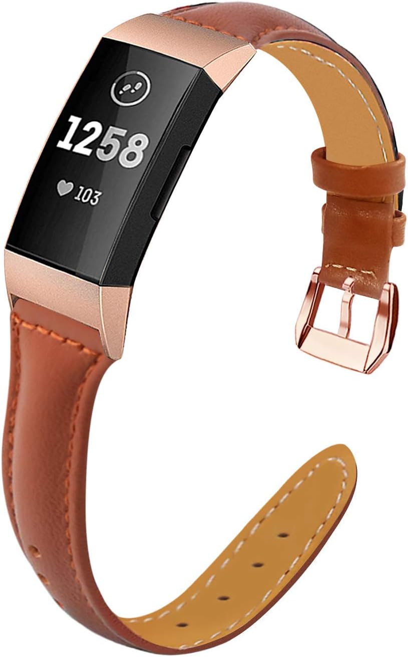 Mornex Strap Compatible Fitbit Charge 3, Genuine Leather Replacement Fitness Accessories Stainless Metal Clasp Smartwatch Wristband Women Men, Floral, Shiny, Classic