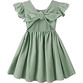 HILEELANG Toddler Girl Linen Dress Open Tie Back Backless Ruffle Sleeve Summer Party Beach Sundress