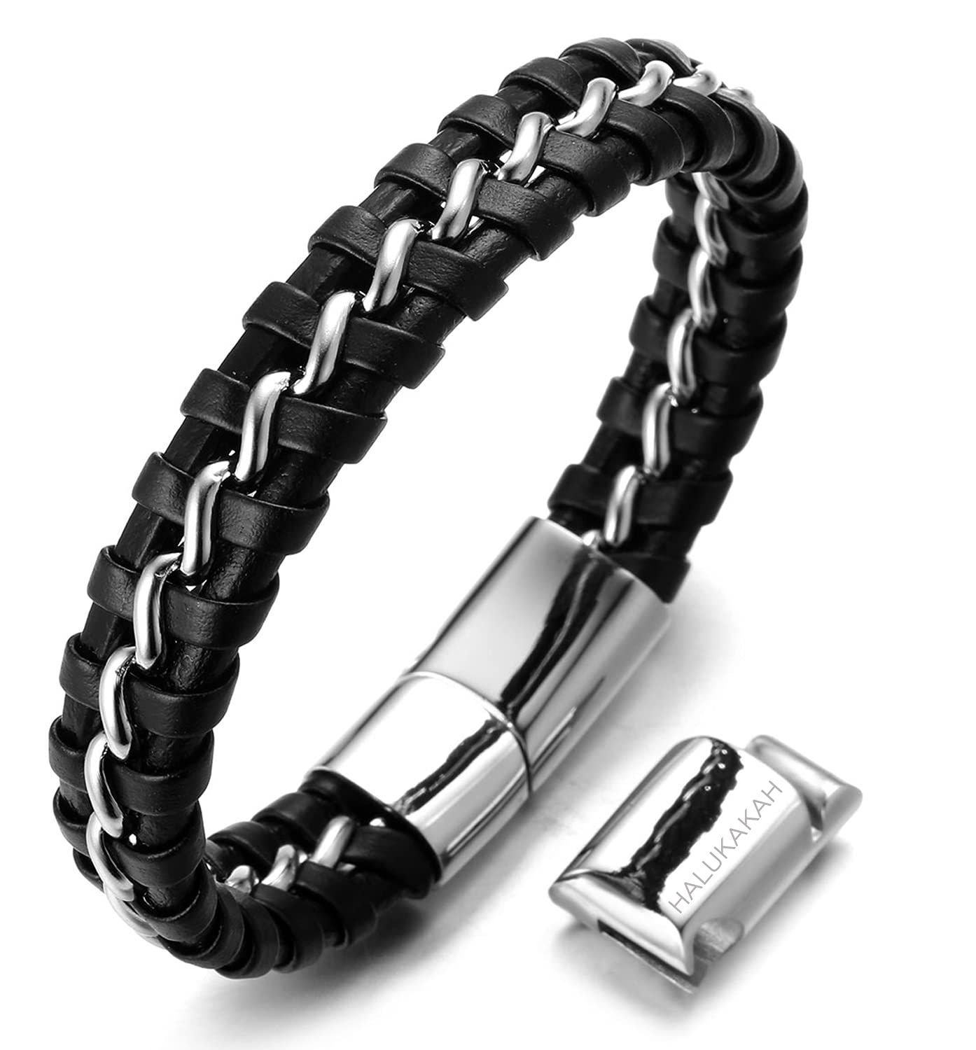 HALUKAKAH Plus ● Solo ● Men's Genuine Leather Titanium Bracelet Magnetic Clasp Magentic Clasp Size Adjustable 8.5"-9"(21.5-23cm) Black & Silver with Free Giftbox