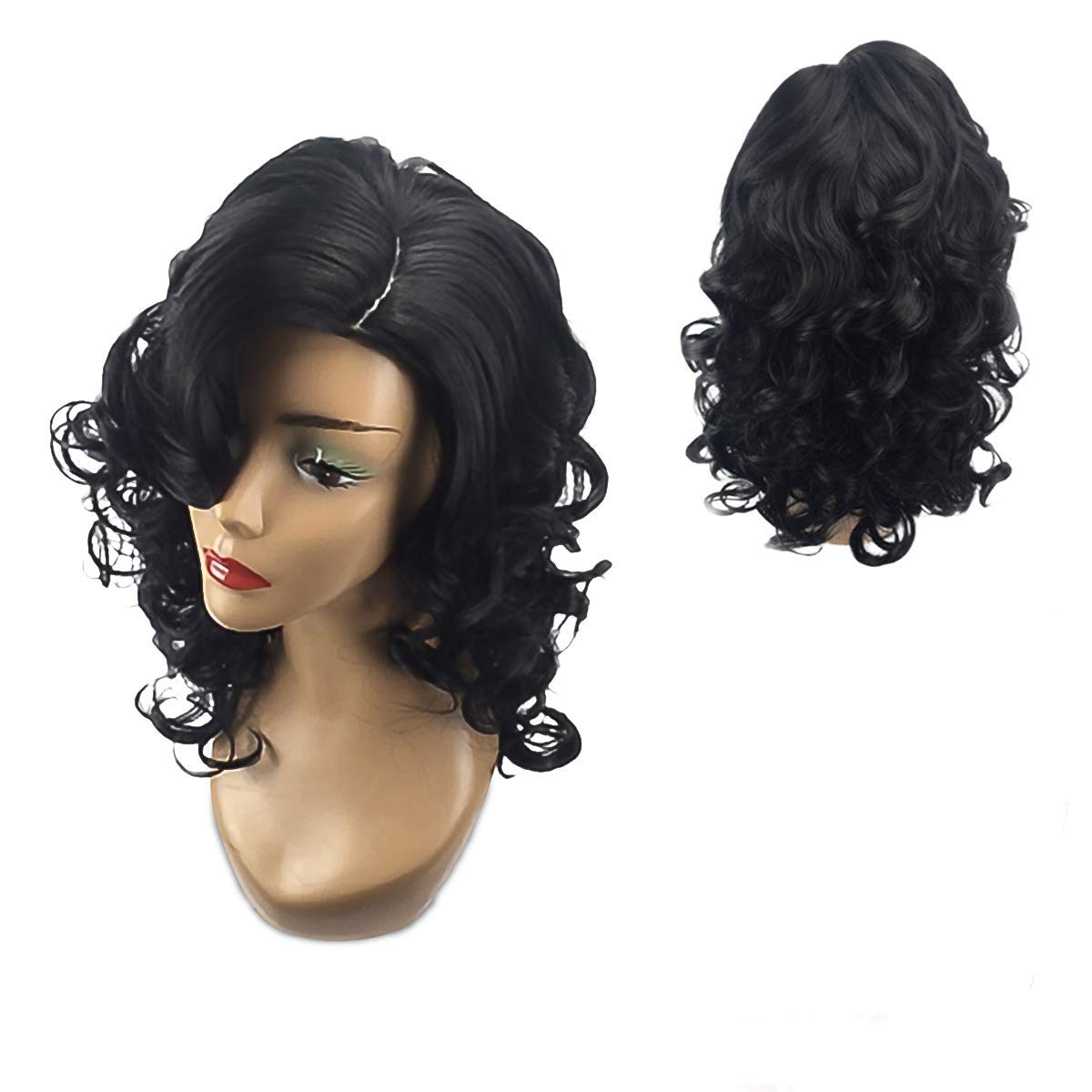 Redlution Lace Front Wigs For Women Short Curls Wig Wavy Black Hair Heat Resist Cospaly Party Hair 18 Inchs With Free Wig Cap & Wig Comb (Black)