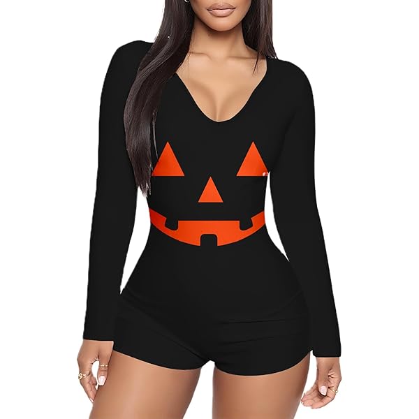 thumbnail image 2 of DRTGEDS Halloween Pumpkin Patterns Onesie For Women Basic Adult Bodysuit Pajamas Solid Color Romper For Sleepwear, Black, Small 2 of 13