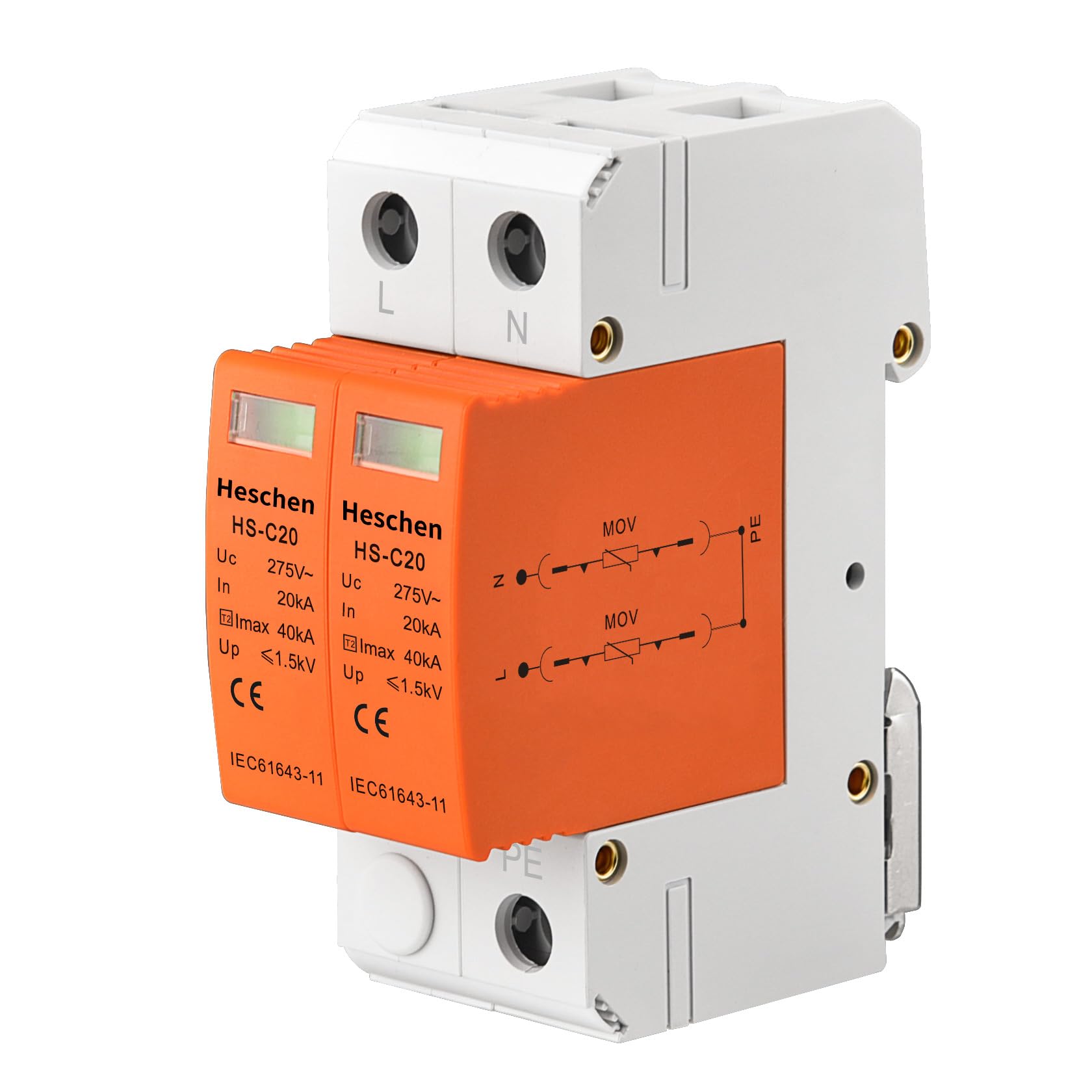 Heschen Surge Protective Device SPD, HS-C20, 275VAC 20KA, 2P, Fire-Proof, Low-Voltage Arrester, 35mm DIN Rail Mounting