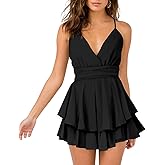 Hocuos Women's Dress Sexy V-Neck Adjustable Spaghetti Strap Waist Tie Sleeveless Layer Ruffle Hem A Line Mini Dresses