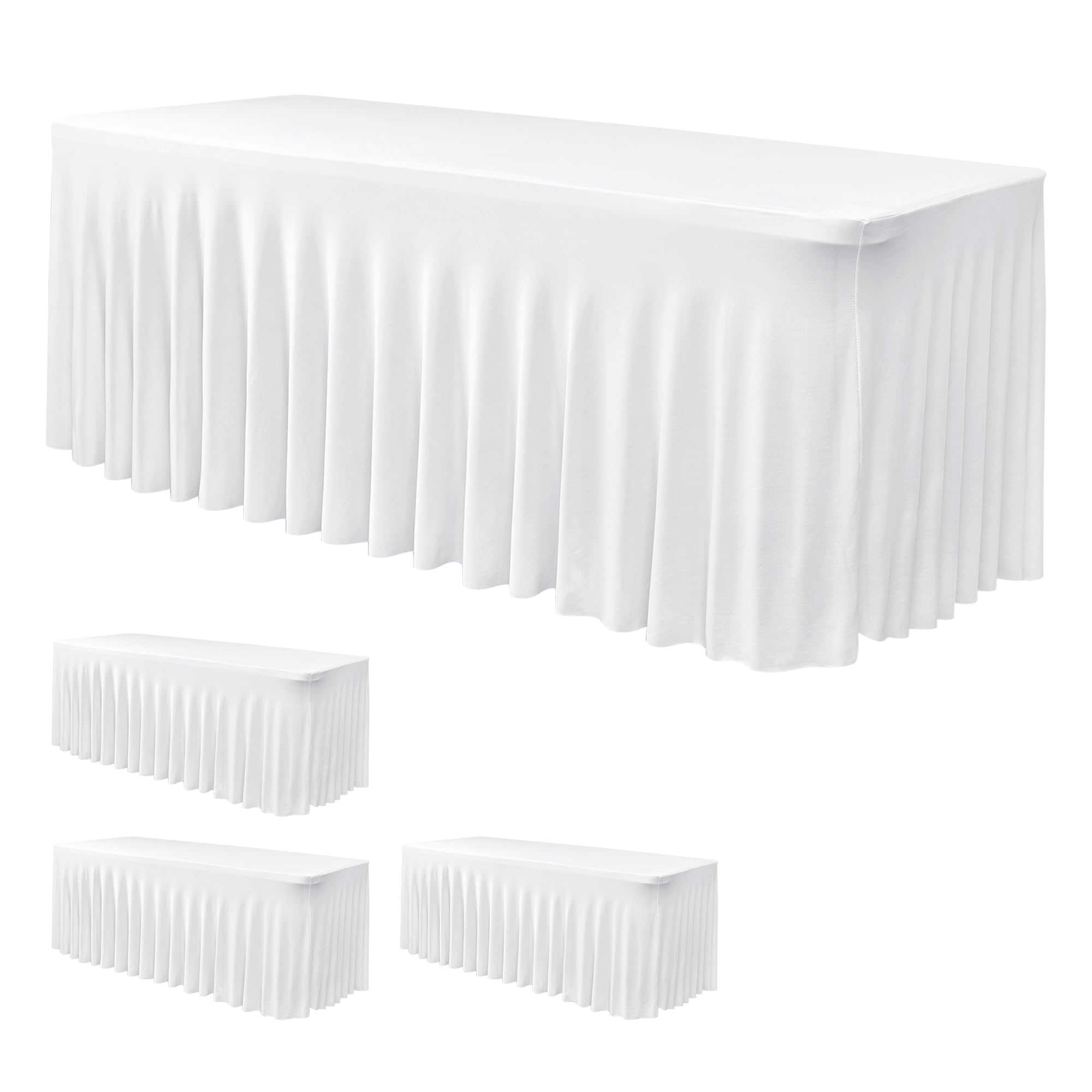 Photo 1 of Nasitos White Table Skirt for 8 Foot Rectangle Tables, 4 Pack - 96 x 30 Inch - Stretch Spandex Fitted Table Clothes, Fabric Table Covers Cocktail Tablecloths for Party, Banquet, Birthday