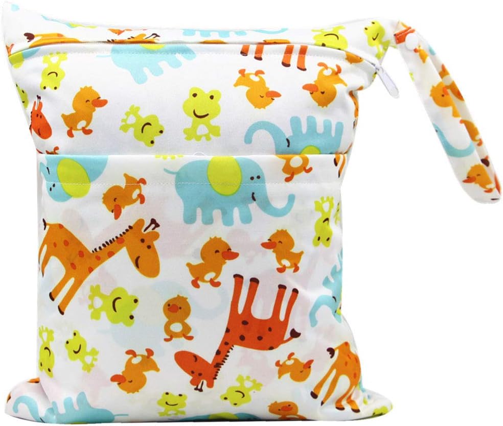 BIGBOBA Travel Portable Baby Wet/Dry Bag Diapers Wet Bags, Double Zippered Waterproof, Washable Reusable Cloth Bags, Cute Forest Animal Pattern, 30 * 36CM