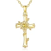 SilvecFantasy 14K Gold Cross Pendant Necklace for Women Sunflower Cross Jewelry Citrine November Birthstone Necklace Catholic Christian Religious Valentines Day Birthday Gifts for Wife Girlfriend Her