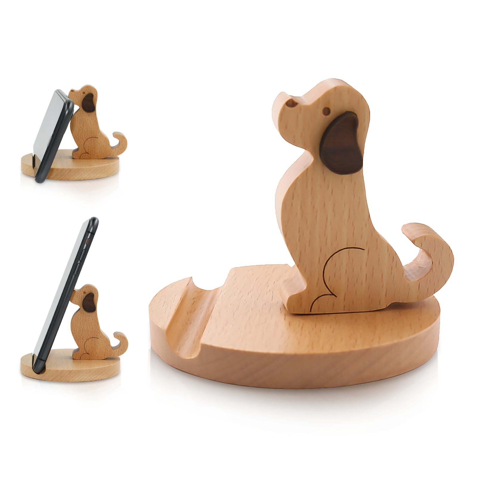 Wooden Cell Phone Stand Dog Phone Holder Animal Phone Stand, Novelty Desk Smartphone Stand, Mobilephone Holder Desk Decoration for Universal Cell Phone Compatible with Mini Pad Smartphone X XS XR 11