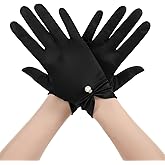 Larrel Short Black Satin Gloves for Women, Elegant Short Dress Gloves with Pearl Soft Satin Glove Women 1920s Accessories for Opera Banquet Wedding Bridal Costume Tea Party