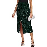 LADI TREND Women's Sequin Velvet Midi Skirt Elastic High Waist Night Out Split Hem Party Skirts