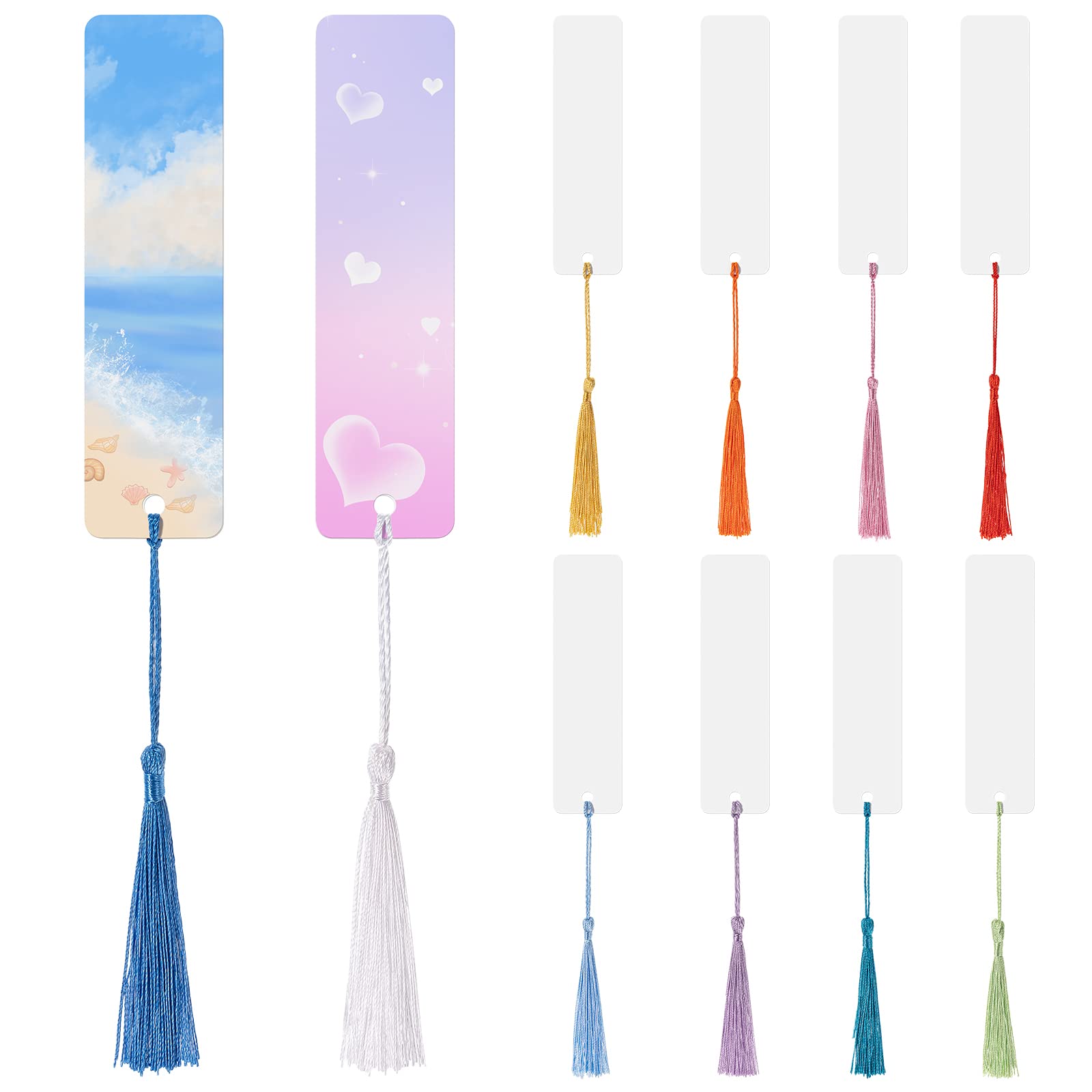 OOTSR 10 Pcs Aluminum Sublimation Blank Bookmark with Hole and 10 Pcs Colorful Tassels, Double Sided Printing, for DIY Bookmark Projects and Present Tags