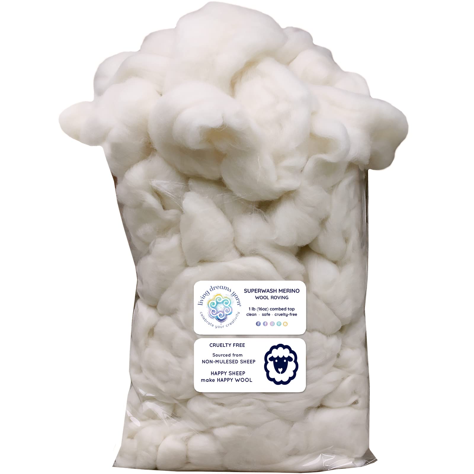SUPERWASH MERINO Wool Roving. Ethically & Responsibly Sourced Fiber for Spinning, Blending, Filling and Stuffing - 1 LB Bag, Natural White Combed Top