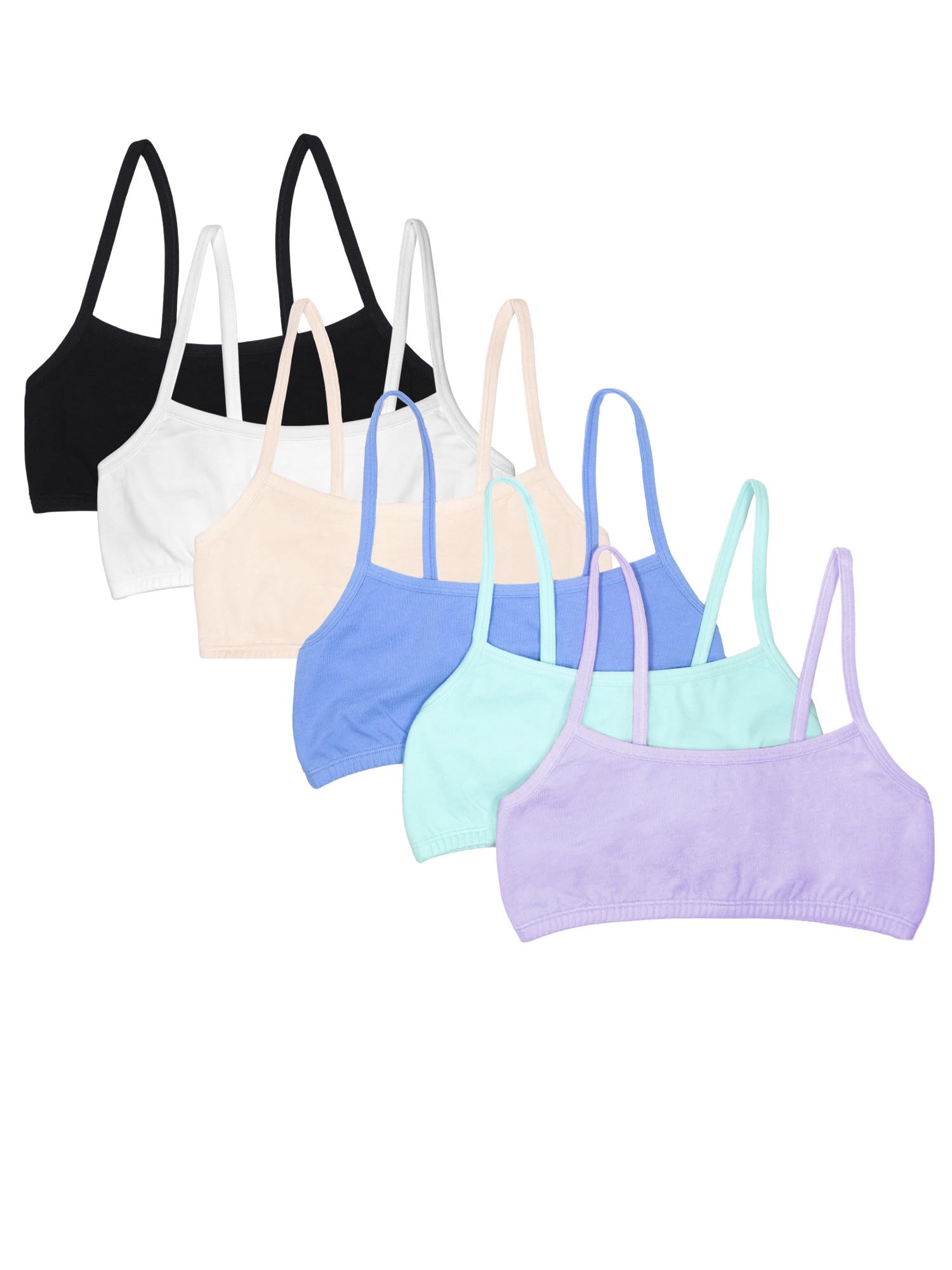 Fruit of the Loom Girls’ Cotton Spaghetti Strap Sport Bra, Aruba Blue/Hyacinth/Cornflower Blue/Light Nude/White/Black