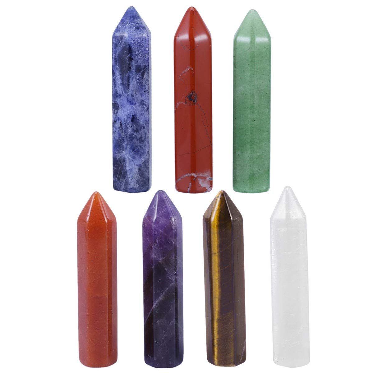 mookaitedecor Natural 7 Chakra Crystals Wands Set, Small Polished Hexagonal Quartz Crystal Tumbled Stone Wand Point for Reiki Balancing Chakra Meditation Healing Crystal Witchcraft Wiccan Decor Gift