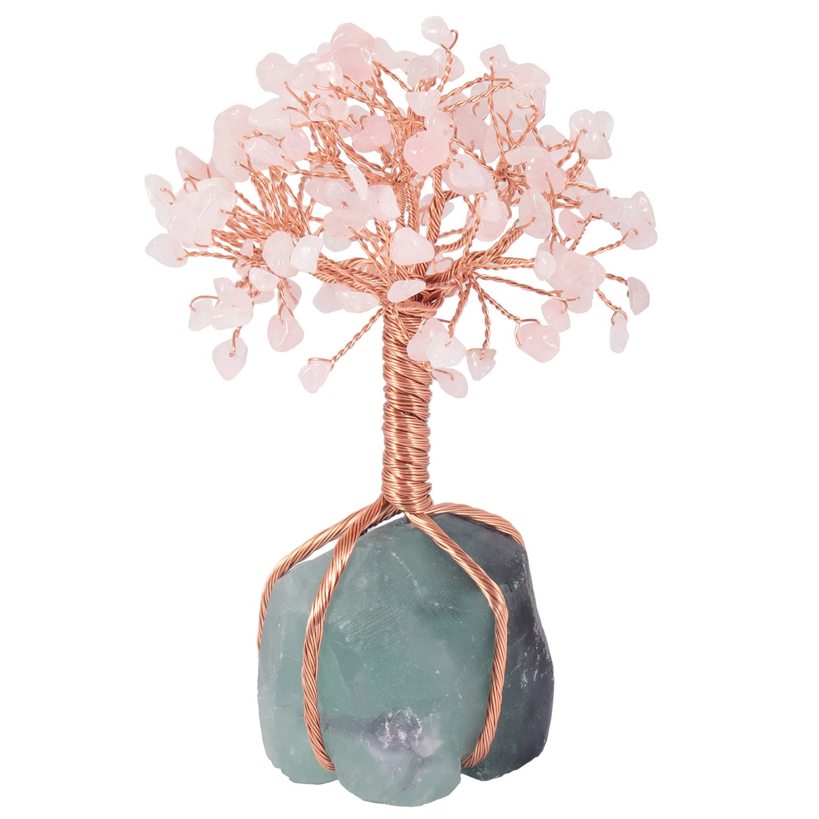 Nupuyai Rose Quartz Crystal Money Tree with Fluorite Raw Stone Base, Good Luck Fengshui Figurine Spiritual Healing Stone Tree Ornament Home Office Decor