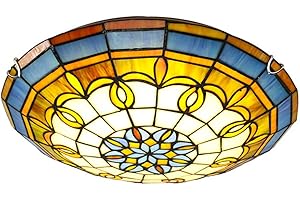 Vintage Stained Glass Flush Mount Ceiling Light Fixture, Colorful Glass Semi Flush Ceiling Lamp for Bedroom, Dining Room, Kit