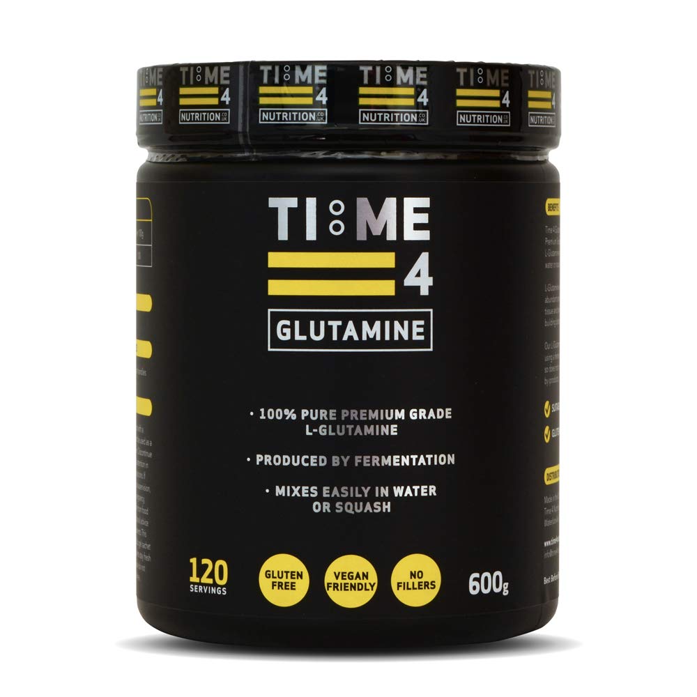 Time 4 Glutamine Powder 600g Tub 120 Servings - 100% Pure Premium Grade Unflavoured Vegan L Glutamine Powder, Gut Health, Immune System, Muscle Strength & Recovery, Amino Acid L-Glutamine Powder