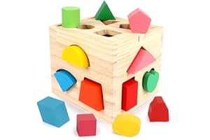 Aomola Wooden Shape Sorting Cube Toys with 13 Colorful Wood Geometric Shape Blocks and Sorter Box,Learning Matching Game for Toddlers,Preschool Educational Learning Toy for Kids