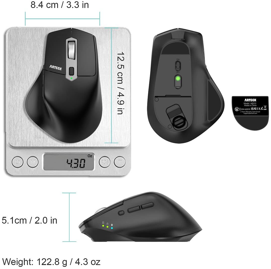 Arteck Multi-Device Wireless Bluetooth Mouse with Nano USB-A, USB-C Receiver Ergonomic Right Hand Silent Clicking Rechargeable Mouse for Computer Desktop PC Laptop Mac iPad and Windows 11/10 iPad OS