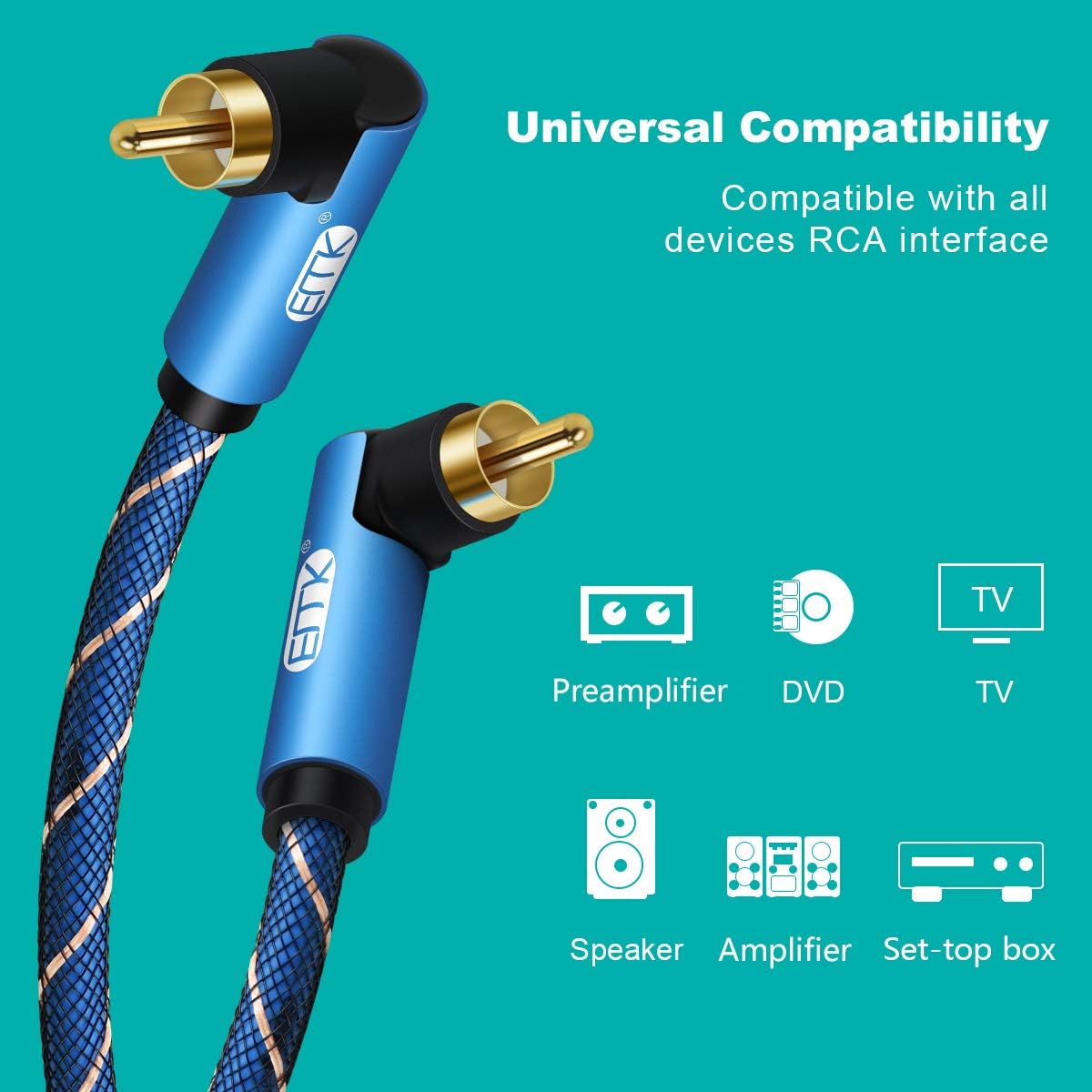 Right Angle RCA Cable, EMK 1M 90 Degree RCA to RCA Audio Cable 24K GoldPlated Stereo Audio