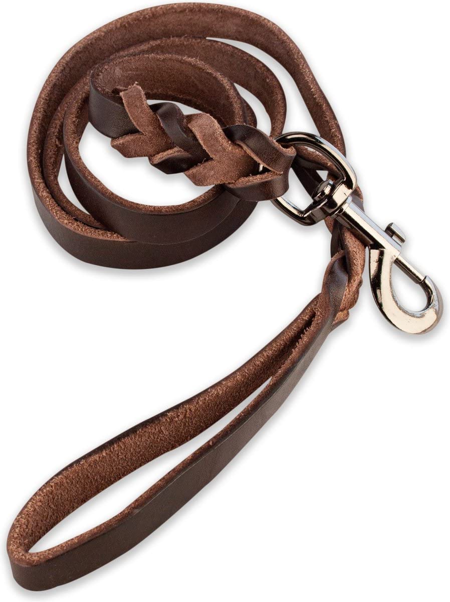 Braided Leather Dog Lead 140 cm – Genuine Brown Full‑Grain Leather, Black Clip, Braided Design, Comfort Grip Handle, Stylish Strong Dog Leash for Training & Walking