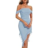BeryLove Women’s Sexy Off Shoulder Mesh Midi Wedding Guest Dresses Ruched Bodycon Ruffled Cocktail Dress