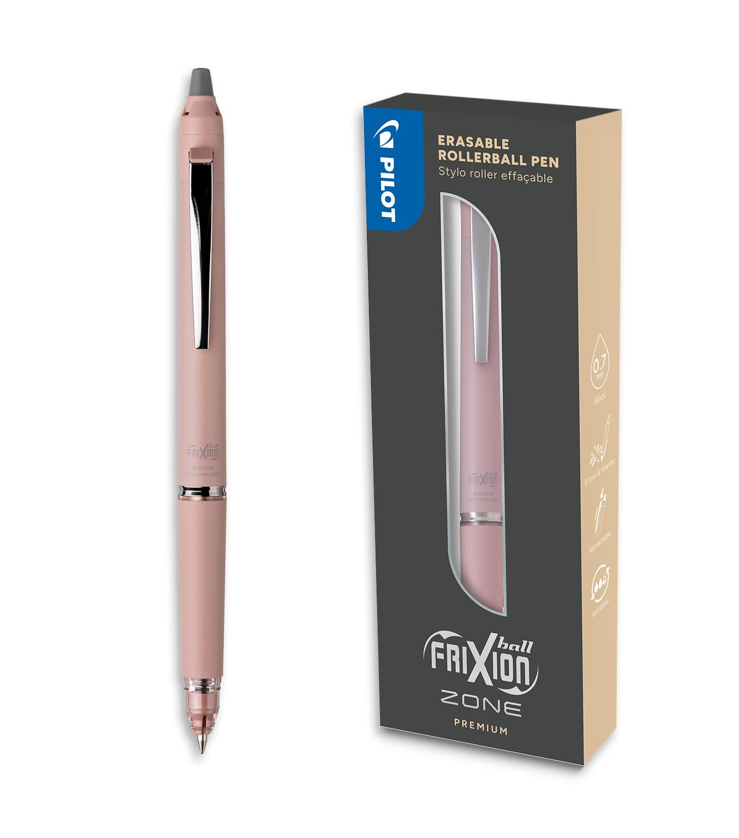 PILOT - Frixion Ball Zone Pink in Gift box - Premium erasable retractable pen with thermosensitive ink - Refillable and ergonomic roller pen - Black ink - Medium tip