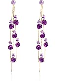 QzxEqz Rose Flower Drop Earrings Purple Red Long Tassel Dangle Earrings Weddings Party Jewelry Accessories Gift for Women