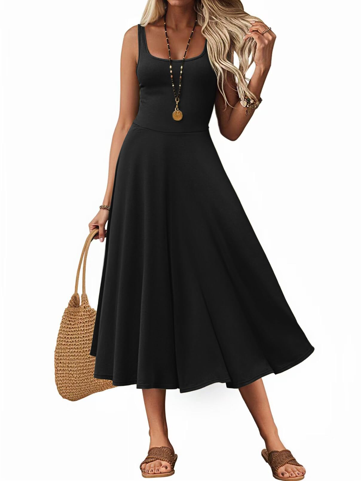 Photo 1 of LUXVEER Women's Sleeveless Summer Dress Scoop Neck Casual Loose Flowy Midi Sundresses Tank Fit & Flare Beach Vacation Dress with Pockets Black S
