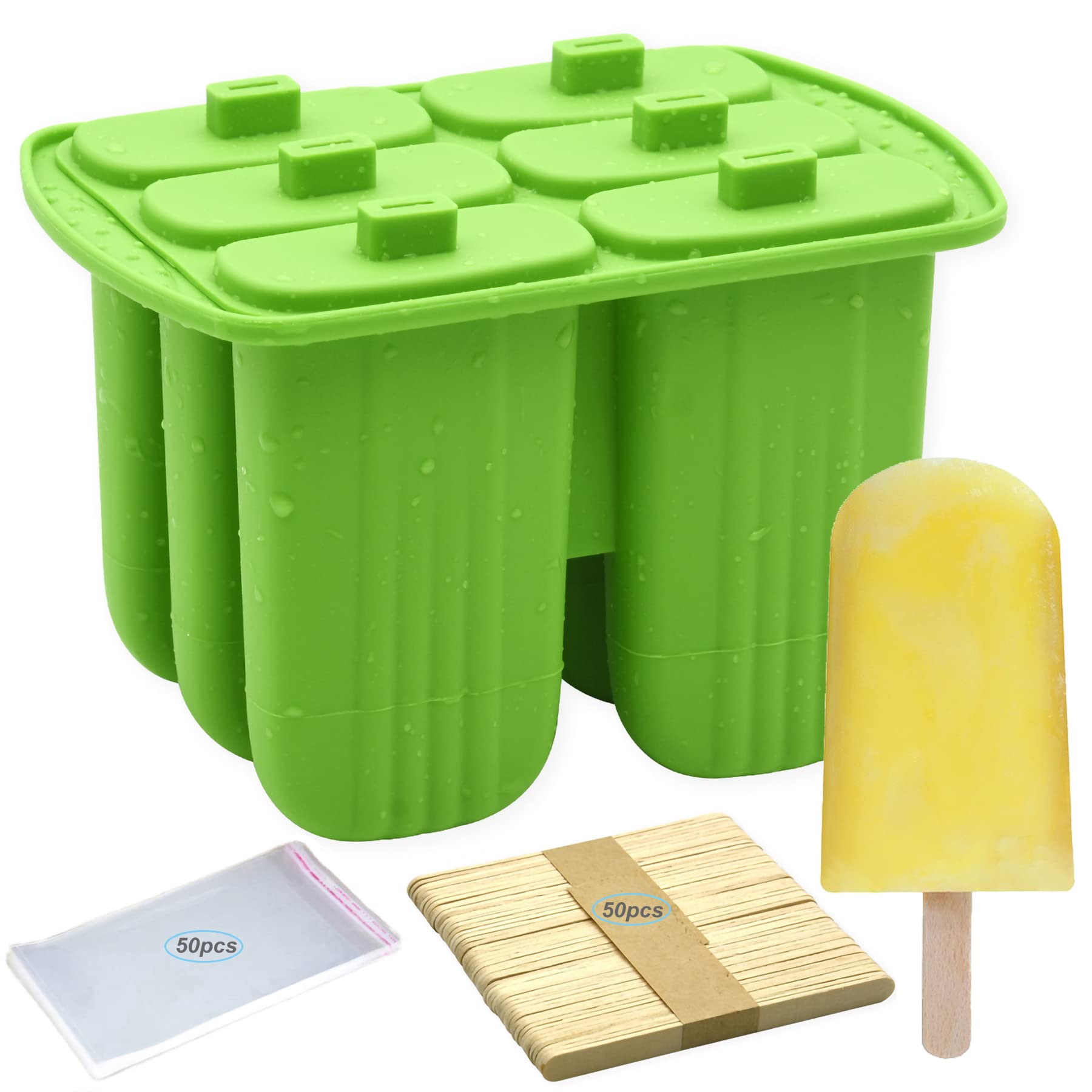 Photo 1 of Bangp Popsicle Molds,6 Pieces Popsicles Molds Silicone BPA Free,Homemade Popsicle Maker,Reusable Easy Release Ice Pop Molds for Kids Adults,with 50 Popsicle Sticks and 50 Popsicle Bags(Green)