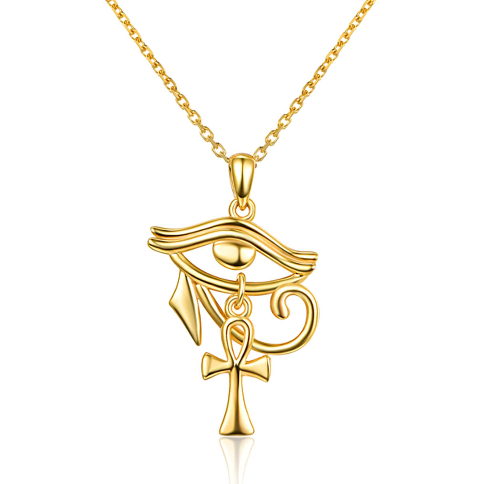 KINGWHYTE Eye of Horus Necklace 925 Sterling Silver Egyptian Ankh Cross Necklaces Evil Eye Pendant Egypt Jewellery Gifts for Women Men(Gold)