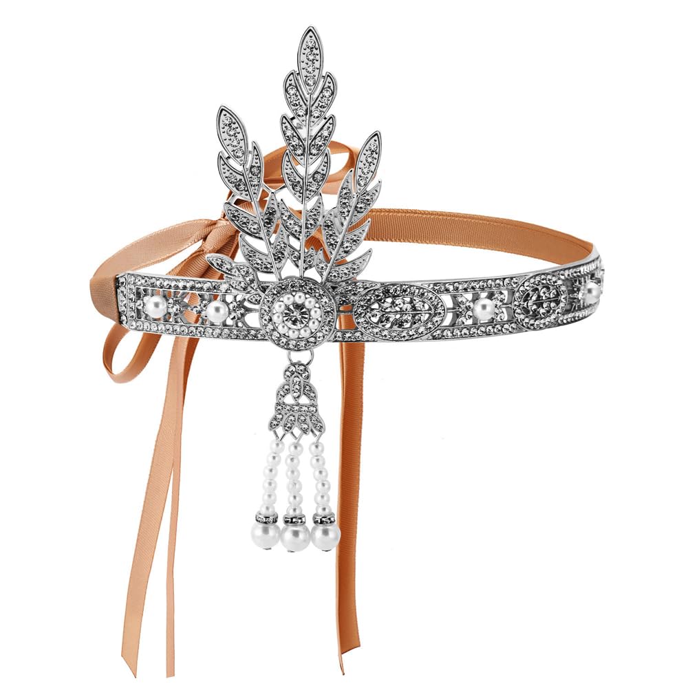 LEEMASING 1920s Flapper Rhinestones Pearls Feather Headband Vintage Gatsby Headpiece Crystal Hair Headband For Party Festival Wedding Costume (Silver)