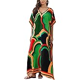 IMAGEKOPE Women's Plus Size Loose Fit Moroccan Print V-Neck Batwing Kaftan Beach Dress Bathing Suit Cover Up