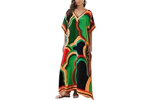 IMAGEKOPE Women's Plus Size Loose Fit Moroccan Print V-Neck Batwing Kaftan Beach Dress Bathing Suit Cover Up