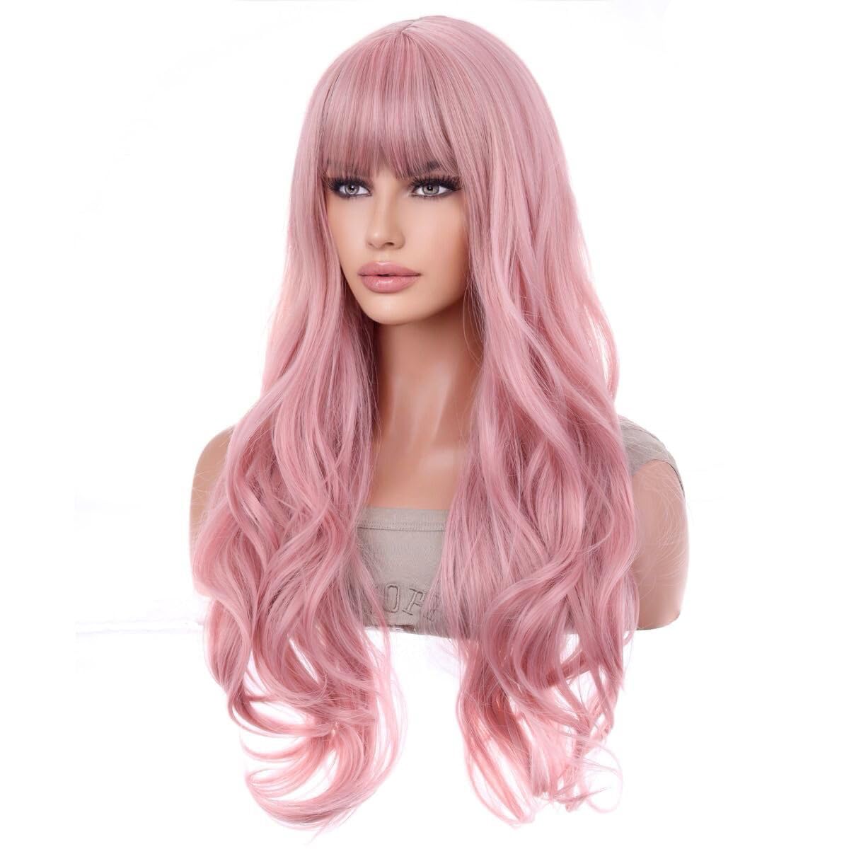 Photo 1 of BERON Pink Wig Long Wavy Wig with Bangs Synthetic Wigs Long Pink Wigs for Daily Party with Hairnet
