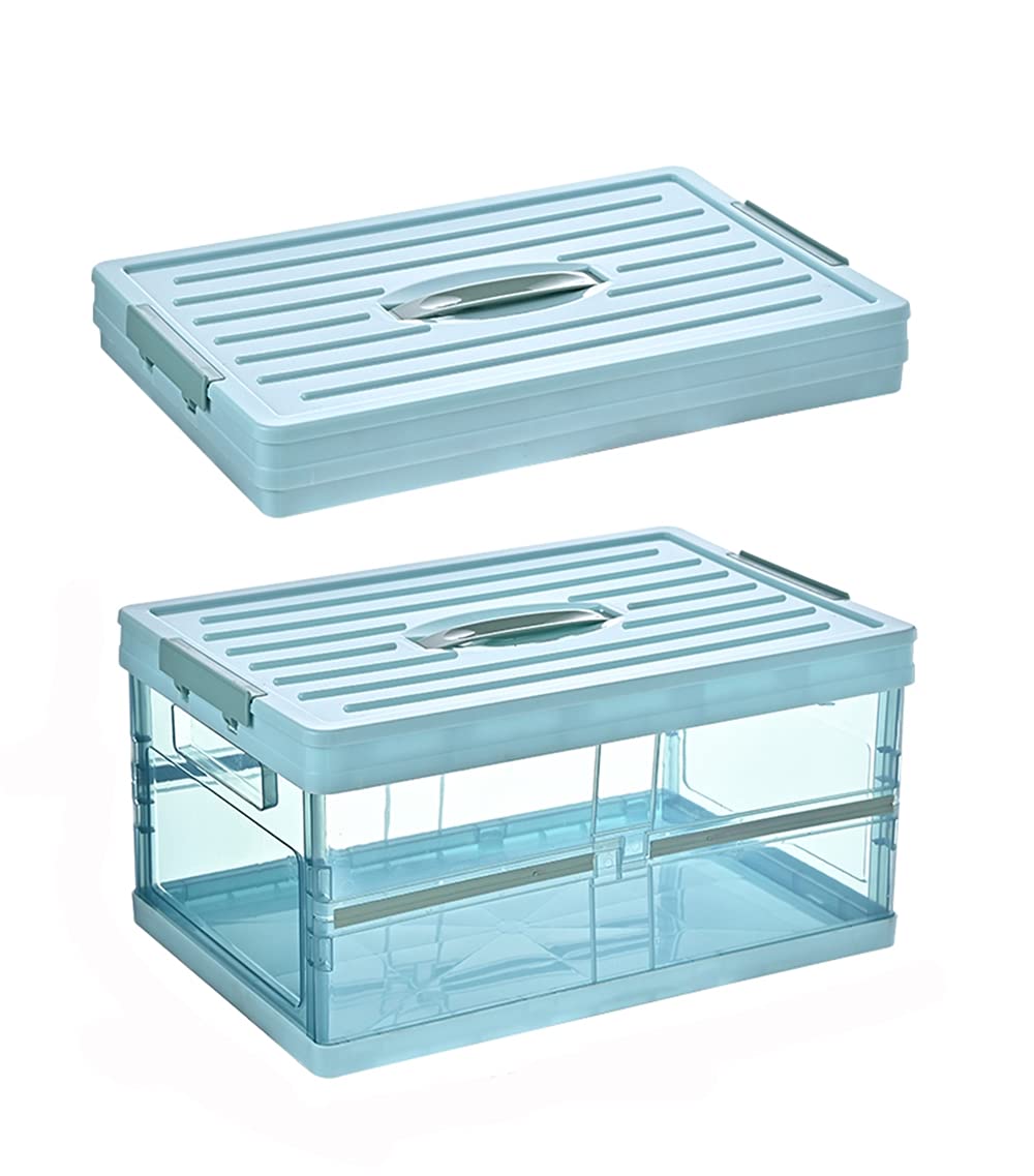 ZJT Foldable Storage Box, Plastic Storage Box, Side Open Storage Box, Transparent Storage Box, Can Store Books, Clothes, Snacks, Toys etc. 40 x 28 x 21 cm (Blue)