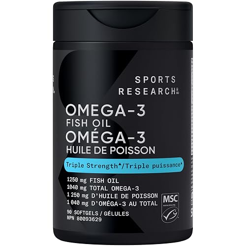 Sports Research® Omega-3 Fish Oil 1250mg from Wild Alaska Pollock, 90 Count | Always Fresh Never Fishy | 690mg EPA 260mg DHA per Softgel · Heart & Brain Health* · MSC Certified Sustainable - 90 Servings