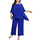 Hanna Nikole Plus Size Mother of Bride Pant Suits 2 Piece Chiffon Sets Ruffle Layers Wedding Guest Outfit