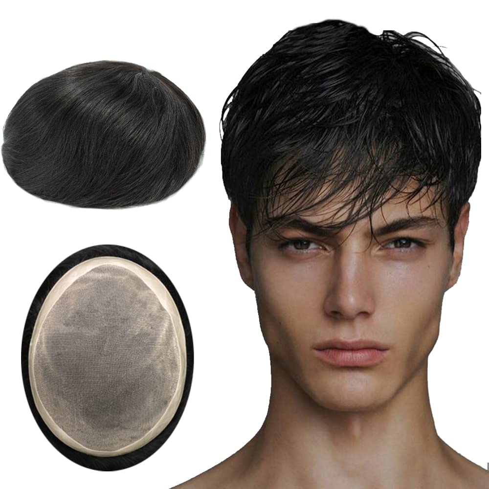 Lordhair Human Hair Lace Toupee with PU for Men Hair System Black Replacement Hairpiece Base Size 8x10 inch