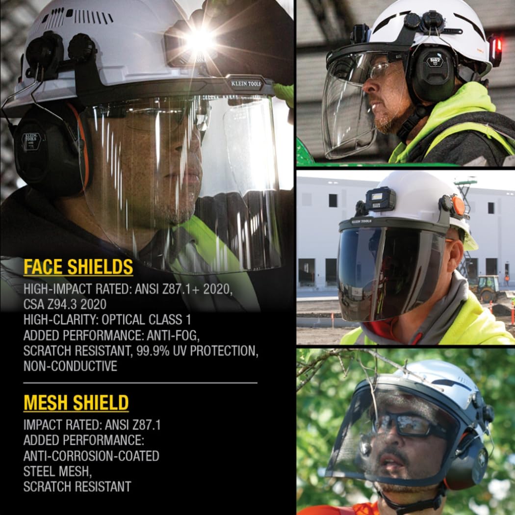 Klein Tools Face Shield for Safety Helmet and Cap-Style Hard Hats, Impact Rated, Anti-Fog, Low-Profile Design for Grinding