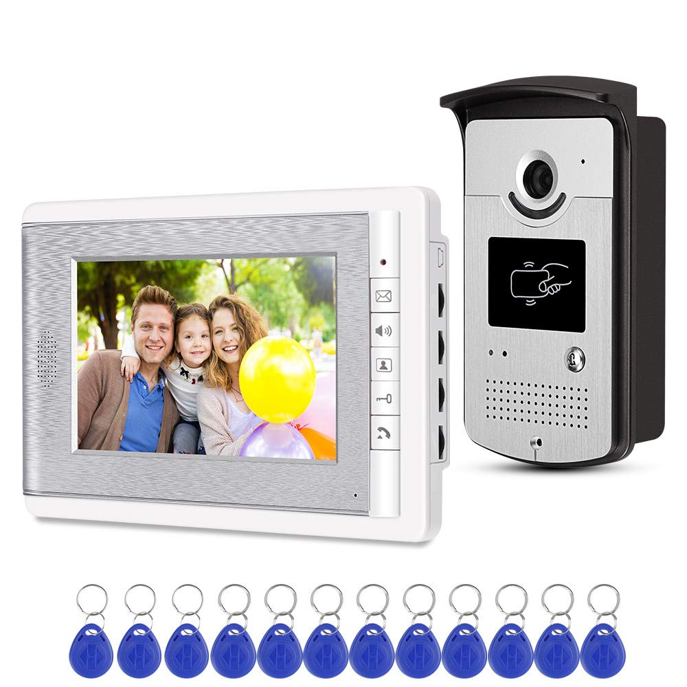 uoweky 2 Monitor Home Intercom Video Door Phone RFID Camera Access Control System 7'' TFT Color Screens Support EM Unlocking+10pcs ID Blue Keyfob (1 camera 1 monitor)