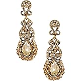 Antique Gold Vintage Retro Deco Victorian Style Champagne Amber Yellow Topaz Citrine Rhinestone Statement Earrings