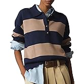 Rugby Polo Sweater for Women Striped Collared Sweaters Shirt Long Sleeve Knit Y2K Casual Pullover Top