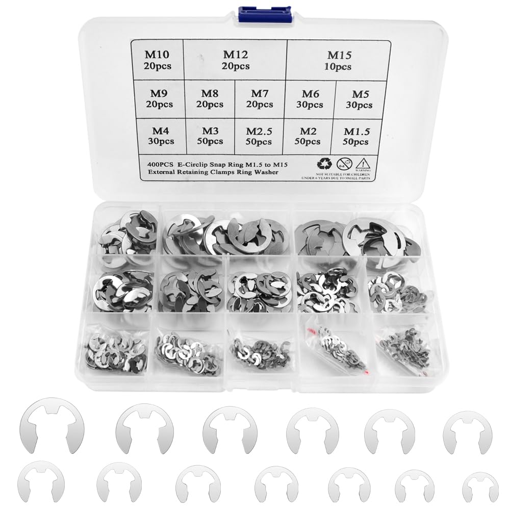 BGTXINGI 400Pcs 13 Size Stainless Steel E-Circlip Snap Ring M1.5 to M15 A2-70 GB896 External Retaining Clamps Ring Washer Assortment Kit