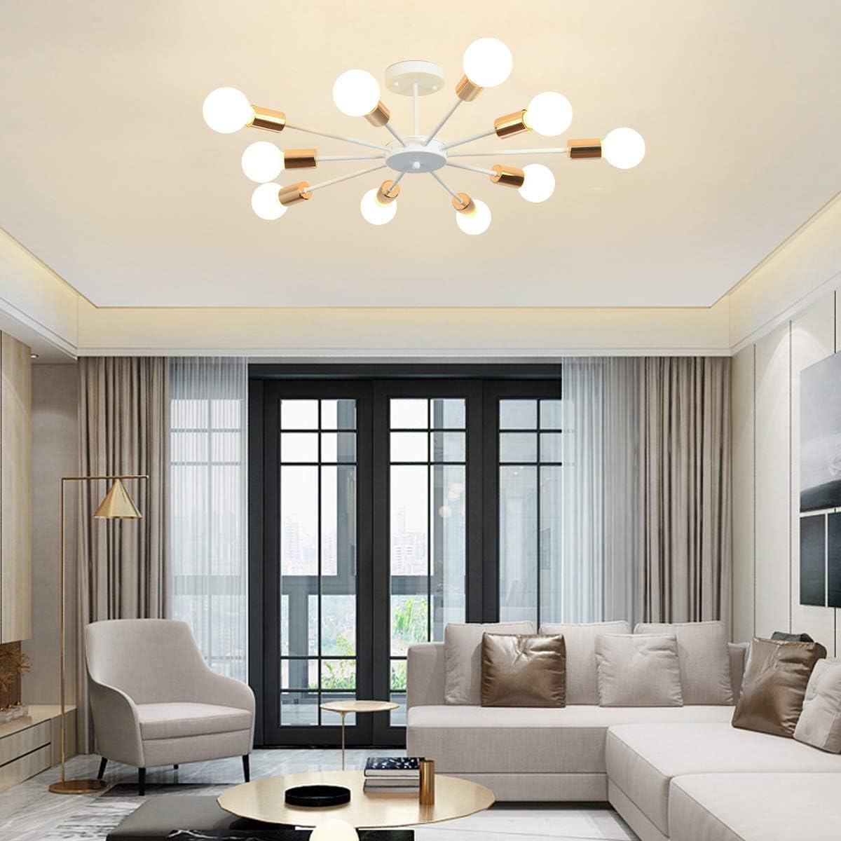 Jaycomey Flush Mount Ceiling Light, Modern White Sputnik Chandeliers, 10-Light E26 Base Industrial Semi Ceiling Lights Fixture for Bedroom Living Room Kitchen Farmhouse - - 