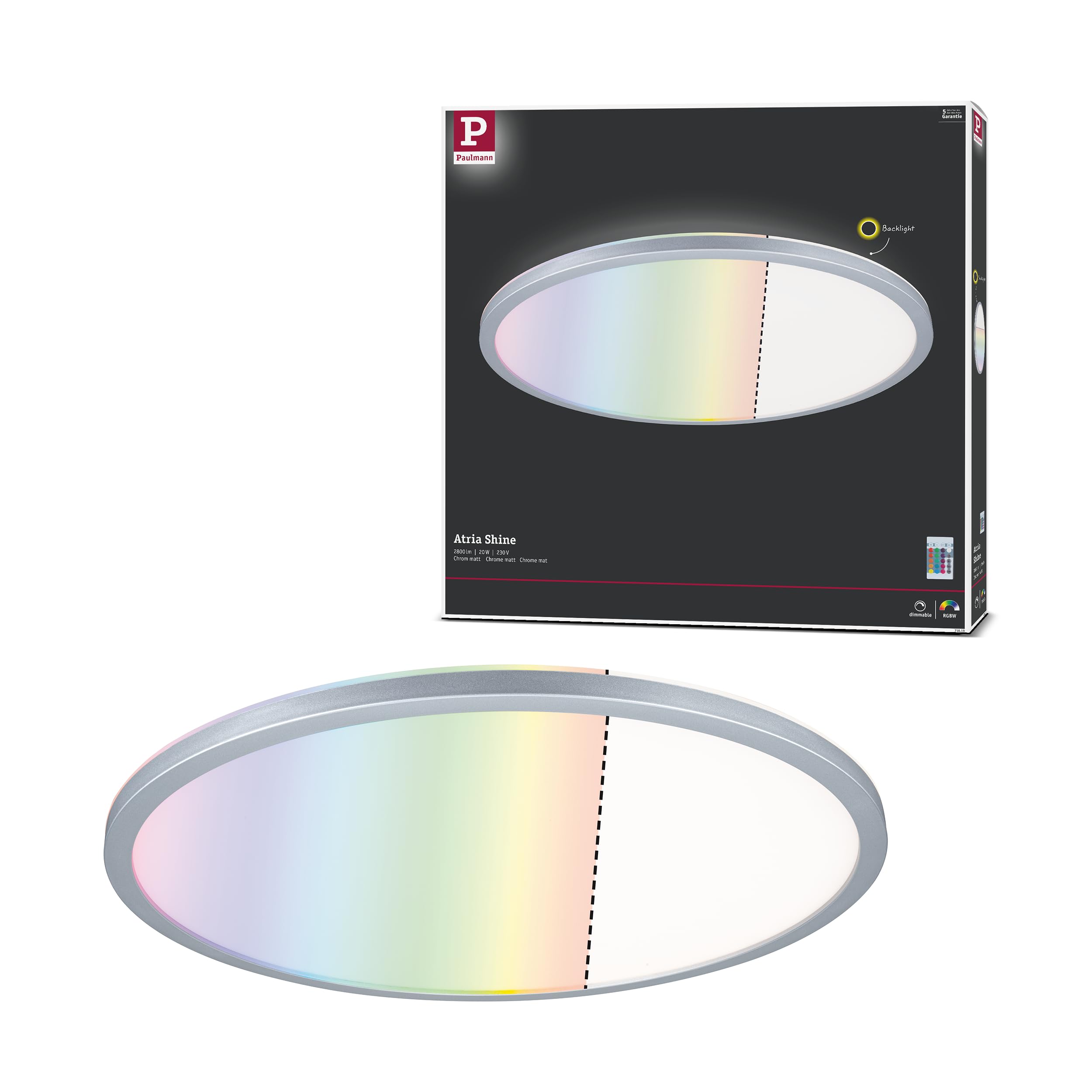 Paulmann Atria Shine 71019 LED Panel 420 mm Round Including 1 x 20 W Dimmable RGBW Colour Control Chrome Matt Light Panel Plastic Ceiling Panel
